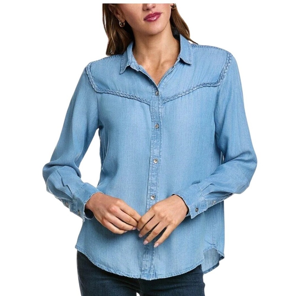 Beachlunchlounge Blue Lyocell Chambray Braided Yoke Western Shirt Womens Medium